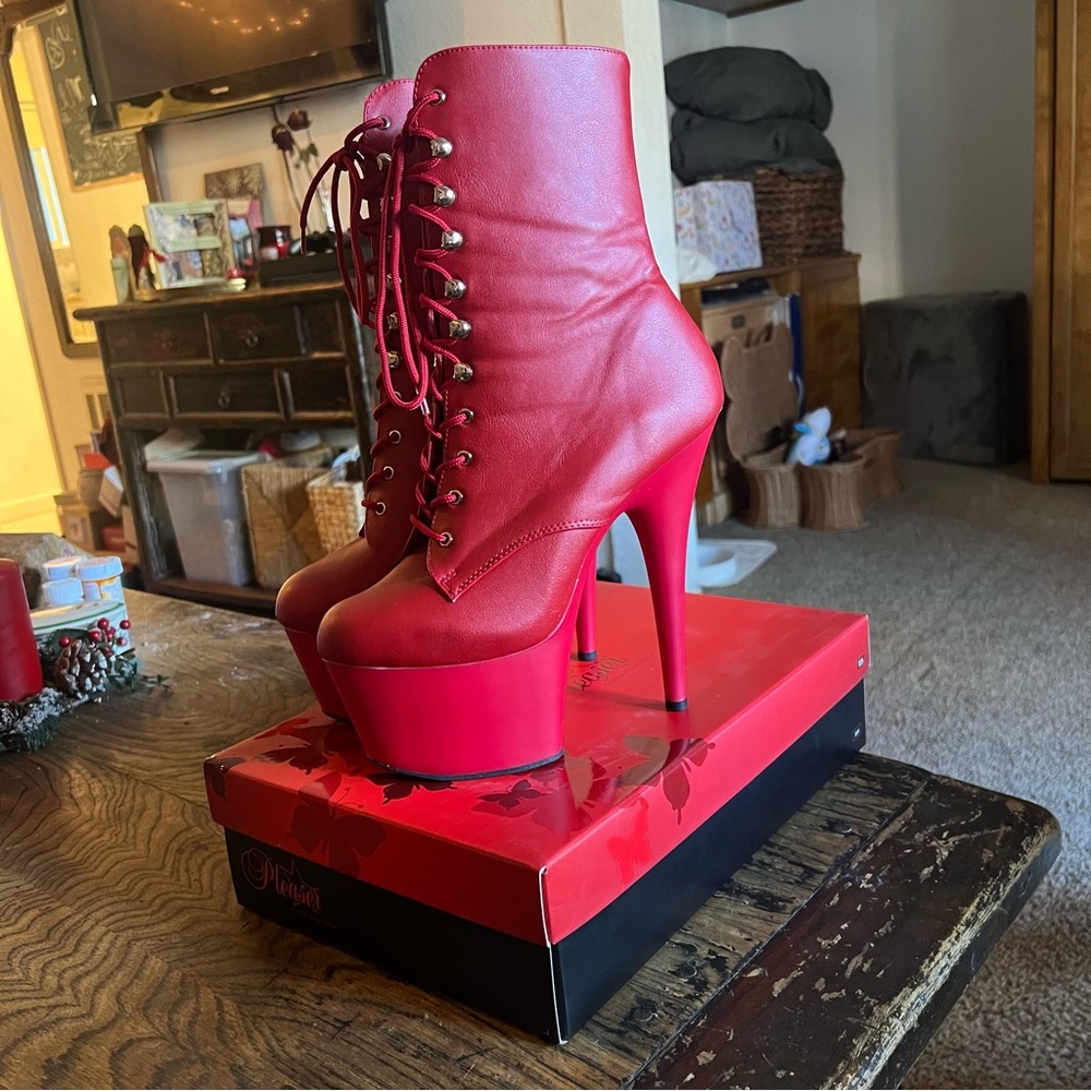 Red Vegan Leather Pleaser Boots Size 11